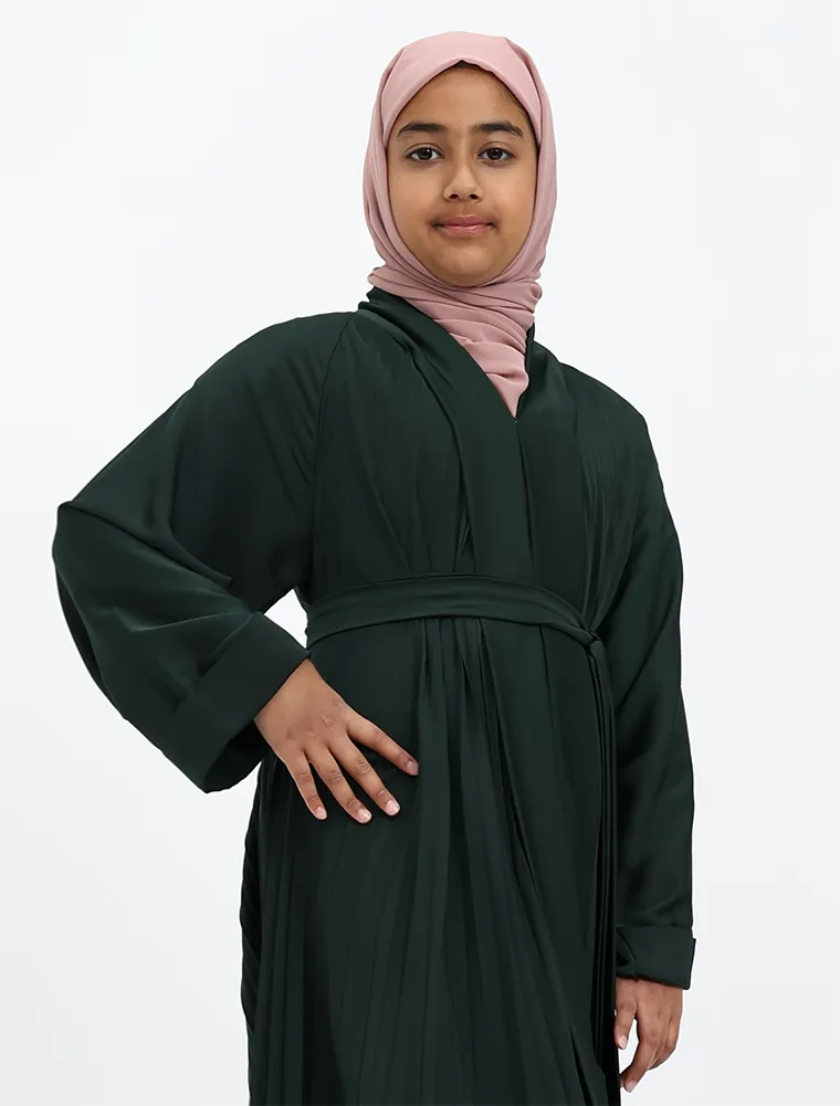 Girls Green Pleated Silhouette Abaya